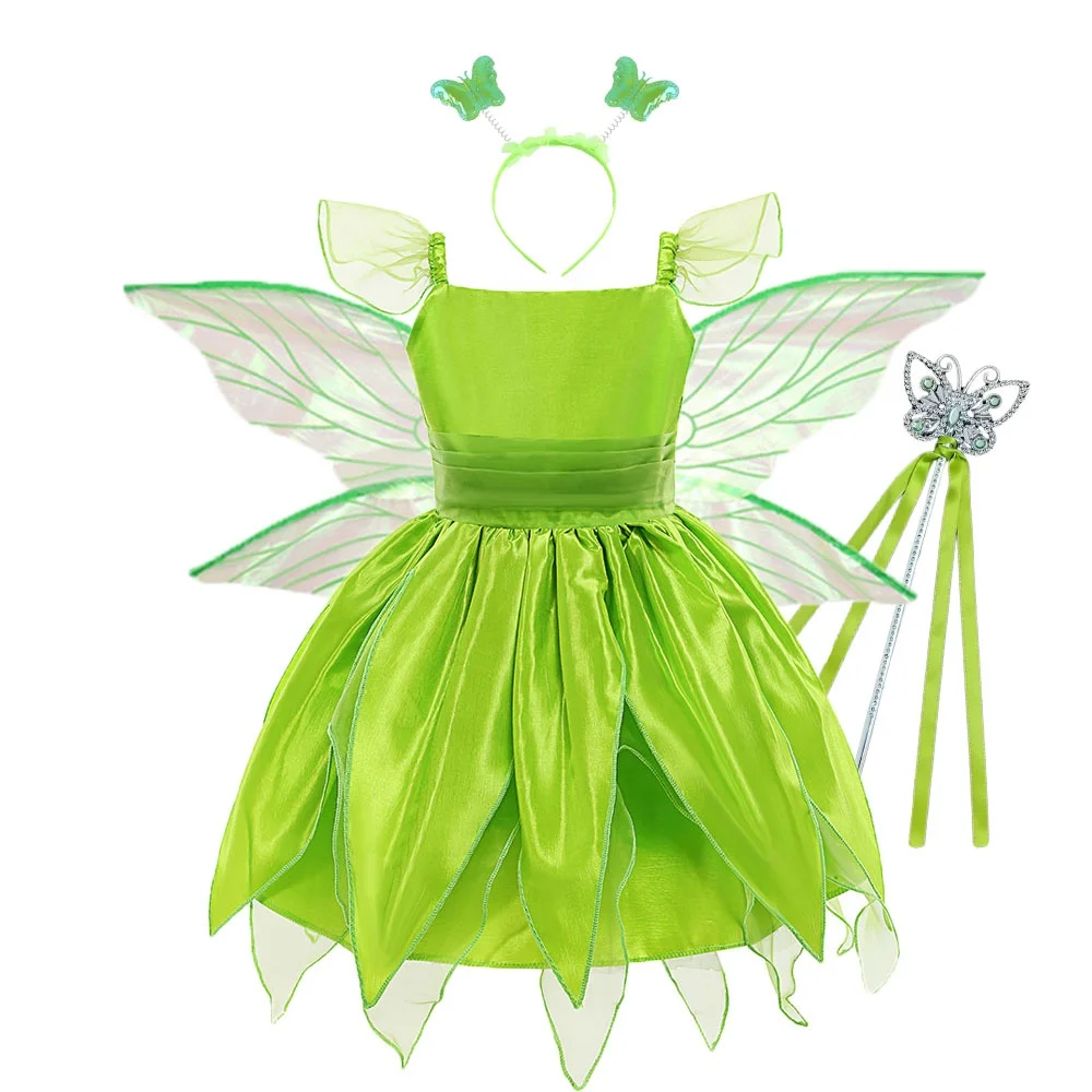 Halloween Cosplay Baby Girls Party Christmas Green Flower Fairy Tinker Princess Bell Dress Elf Costume with Butterfly Wings Sets