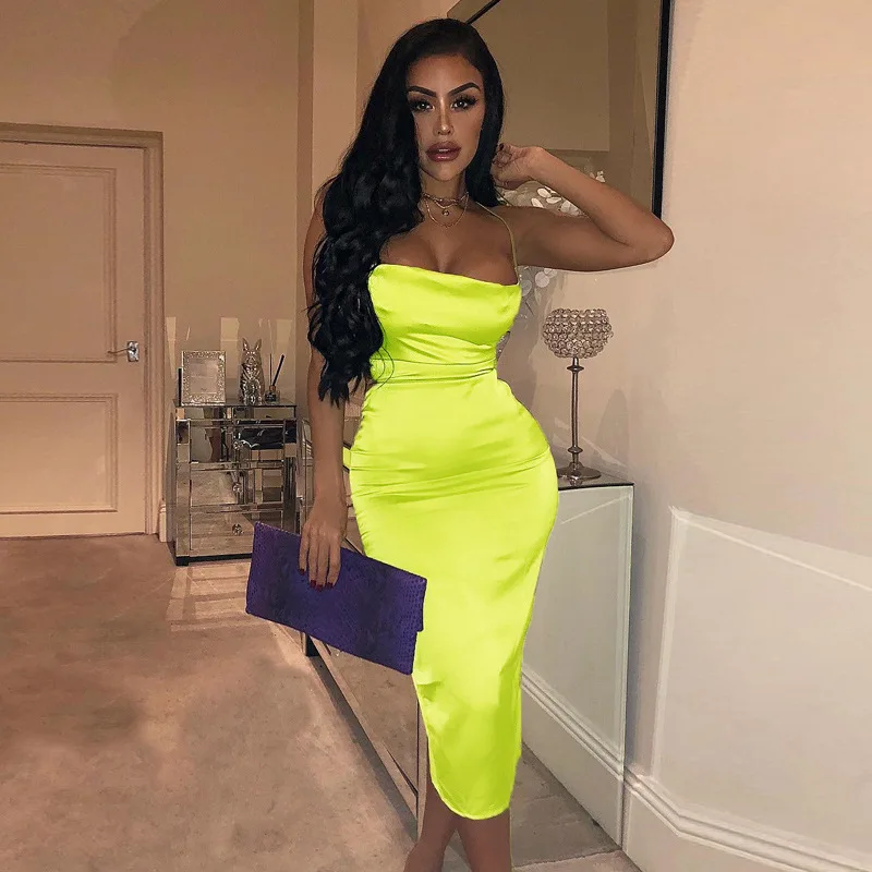 Summer Women Neon Satin Lace UP Bodycon Dress Sleeveless Backless Elegant Party Sexy Club Dress