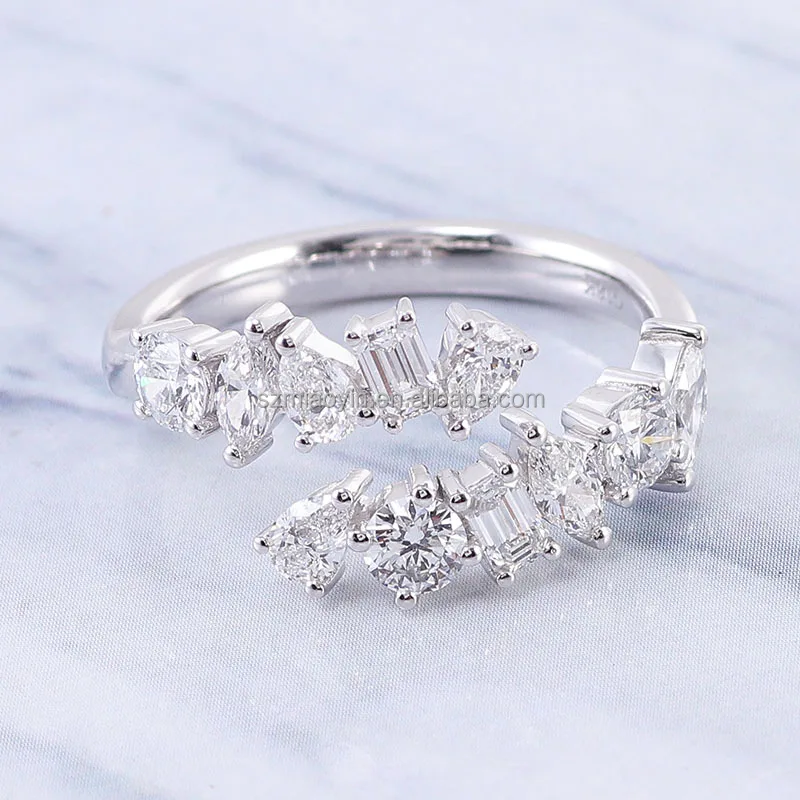 Trendy 10k 14k 18k Real White Gold Pear Emerald Marquise Cut Moissanite Diamond Open Adjustable Rings For Women Gift