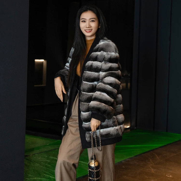 Factory Top Quality Cheap Women Winter Real Chinchilla Fur Coat Casual Style Fur Cardigan Ladies Real Chinchilla Fur Overcoat