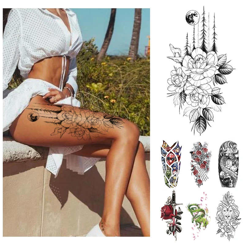 Waterproof Temporary Tattoo Sticker Flower Rose Flash Tattoos Lalash Tattoos Snake Lion Body Art Arm Fake Sleeve Tatoo Women