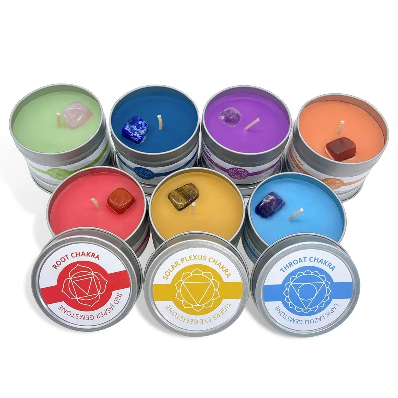 Hot Sale Body Work Spirit Infused Natural Energy Crystal Stone Meditation 7 pcs Chakra Tin Scented Candle set