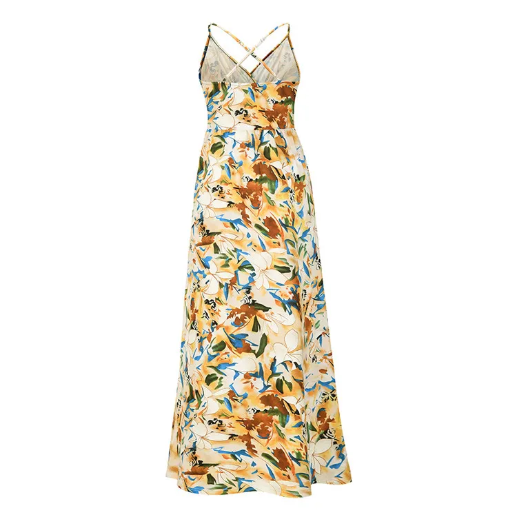 2022 New Style Ready To Ship Deep V-Neck Back Open Strap Casual Dress Summer Bohemian Style White Long Dresses Women