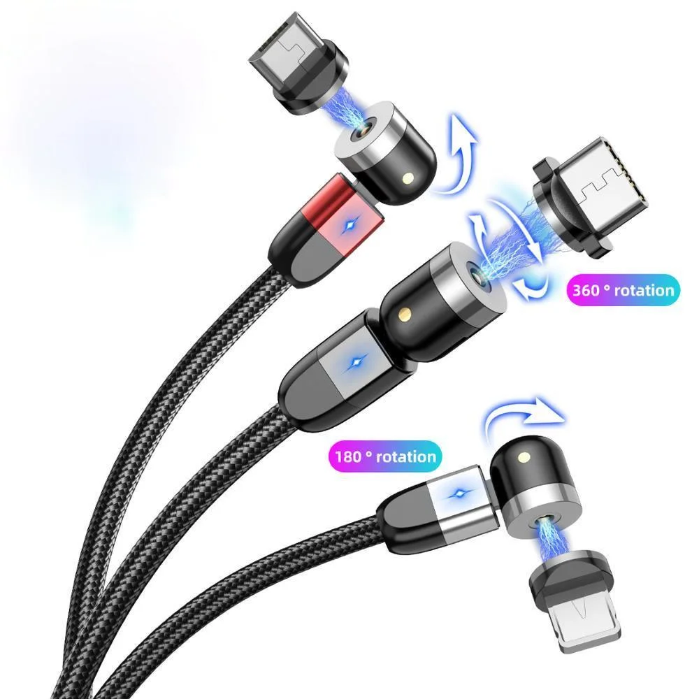 
degree rotating magnetic cable 3 in 1 for phones L shape & straight use Charging Cable For Android Type IOS 