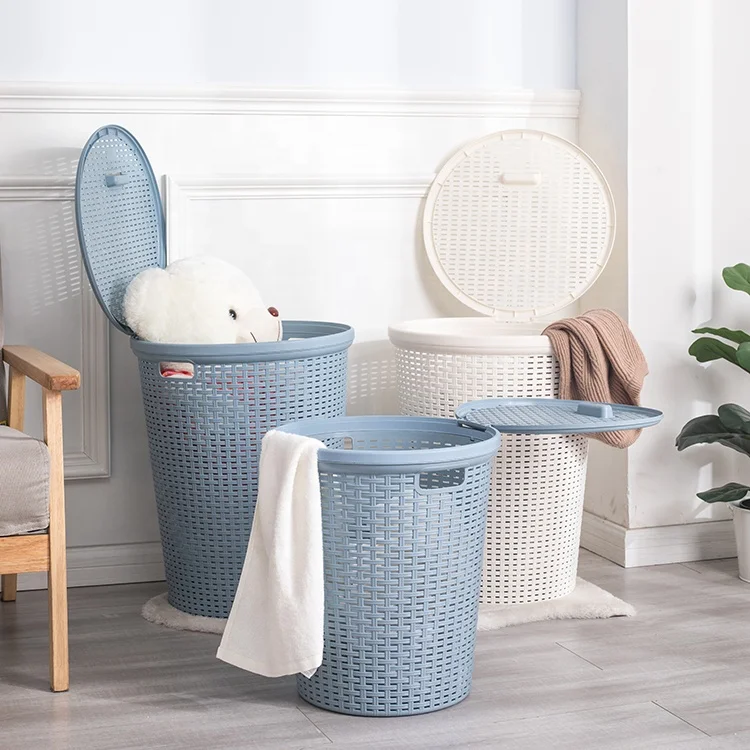 Rattan Design Round Shape Plastic Laundry Basket with Lid Dirty Clothes Sorter Plastic Laundry Hamper