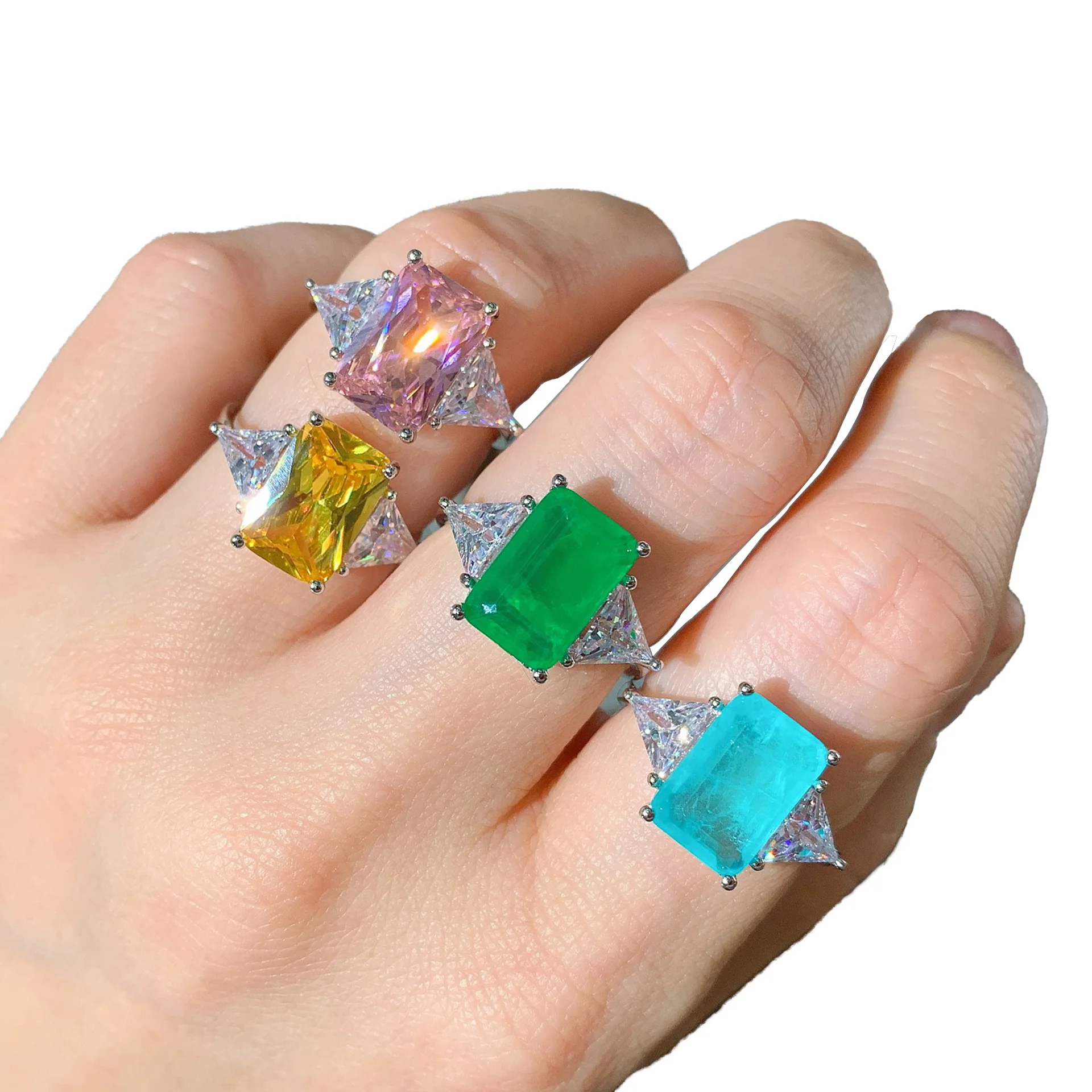 Оптовая продажа, имитация Paraiba, прямоугольный кубический изумруд, цирконий, бриллиантовое кольцо, бижутерия для костюма