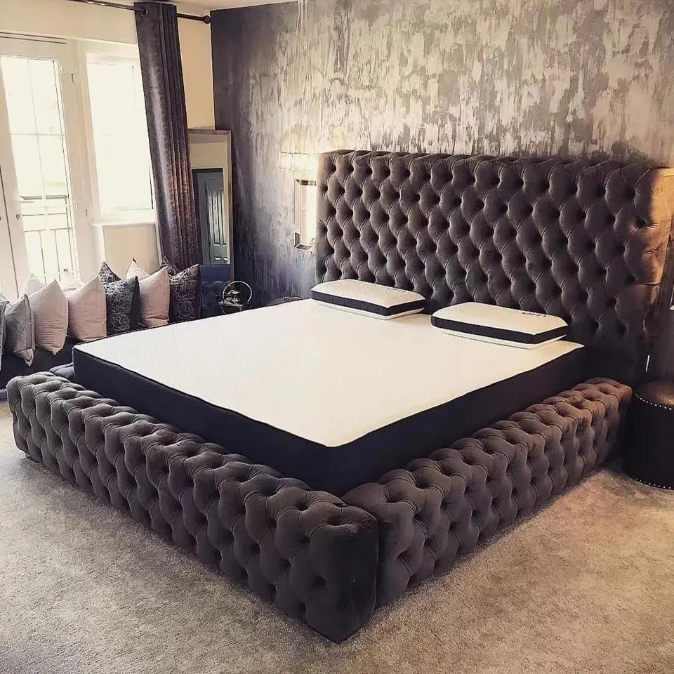 Роскошный набор мебели для спальни Роскошная кровать размера «King-Size» Классическая вышитая ромбовидная платформа каркас кровати «Queen-Size»