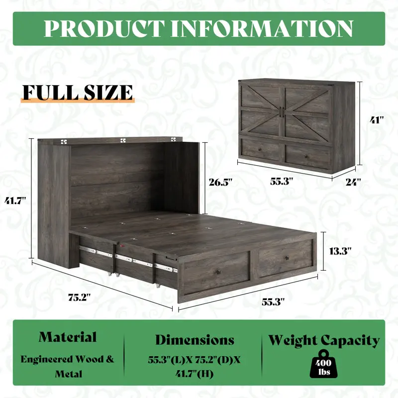 Kainice farmhouse murphy wall bed cabinet queen size solid wood bed with large storage drawers and charging station