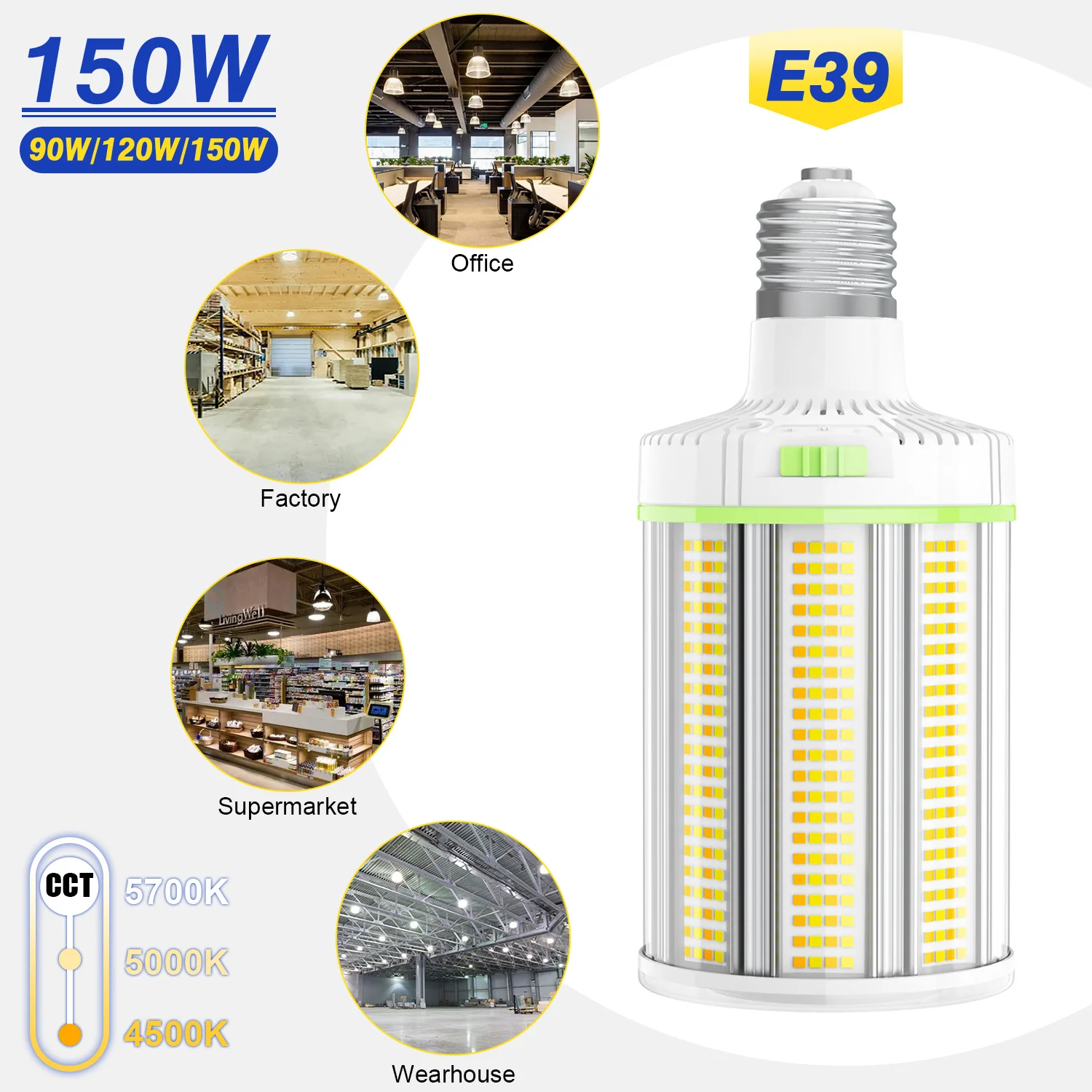 US Stock CCT Power Adjustable 60W 80W 100W 120W 150W Warehouse Office Outdoor Street Area Lighting LED Corn Bulb Light