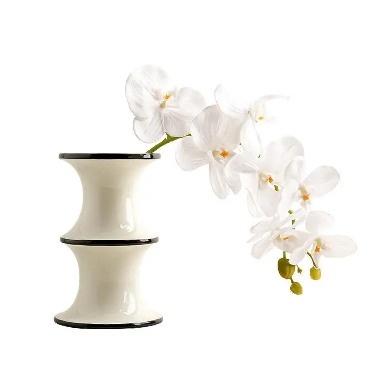 Modern Minimalist Bamboo Geometric Ceramic Vase Vintage White Black Color Block Design Hotel Home Office Decor Wedding Pot