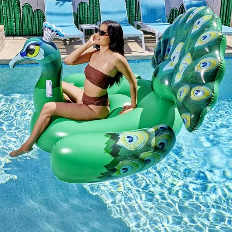 Customizable Large Floating Boat Green Peacock Portable Water Riding Toy Inflatable Row Float Toy Customizable Green Peacock