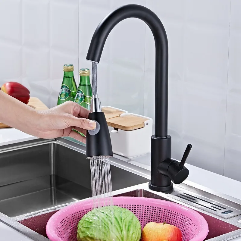Modern Style Simply Matte Black Pull Out  360 Degree Rotatable Spray Head Flexible Hose Deck Mounted Kitchen Sink Faucet Tap