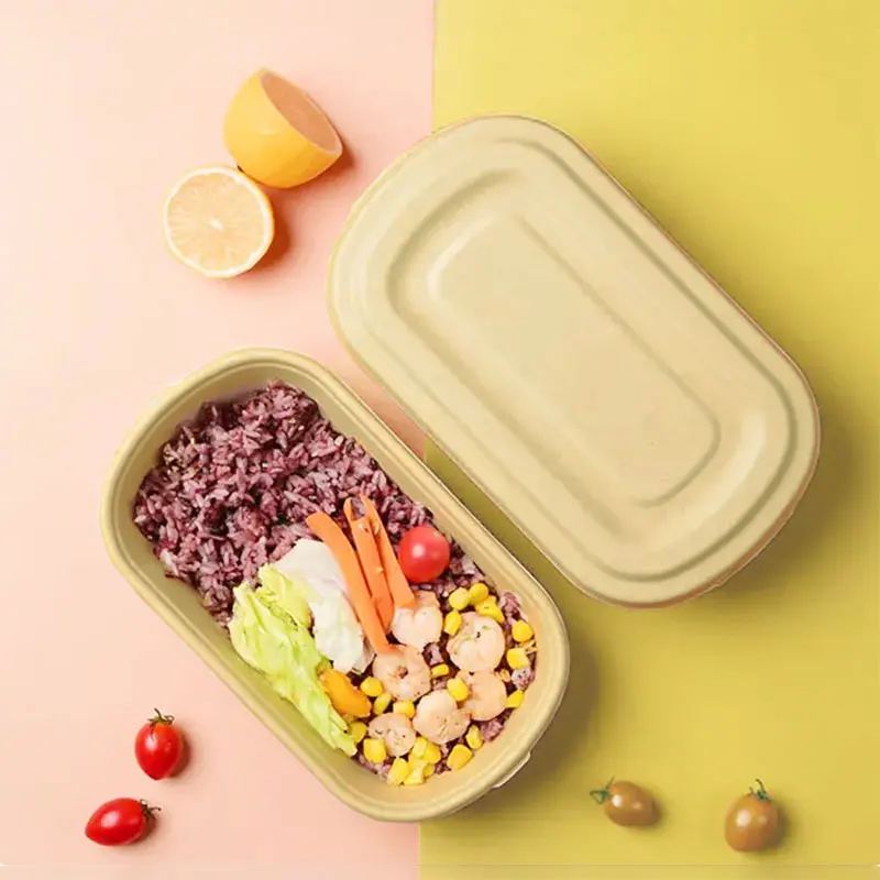 BPI  FSC Biodegradable Tableware PFAS Free Microwavable Food Container Disposable Bamboo Pulp Plate 850ml Lunch Bento Box