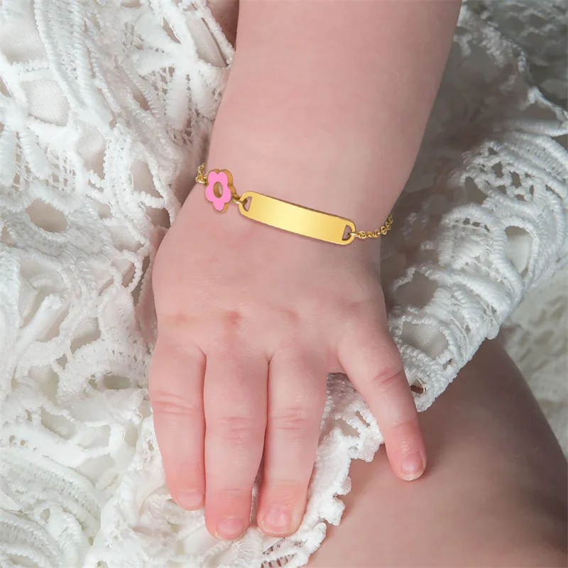 Baby Gift Personalized Customized New Born to Children First Birthday Stainless Steel Gold Engraved Baby Name Bar id Bracelet