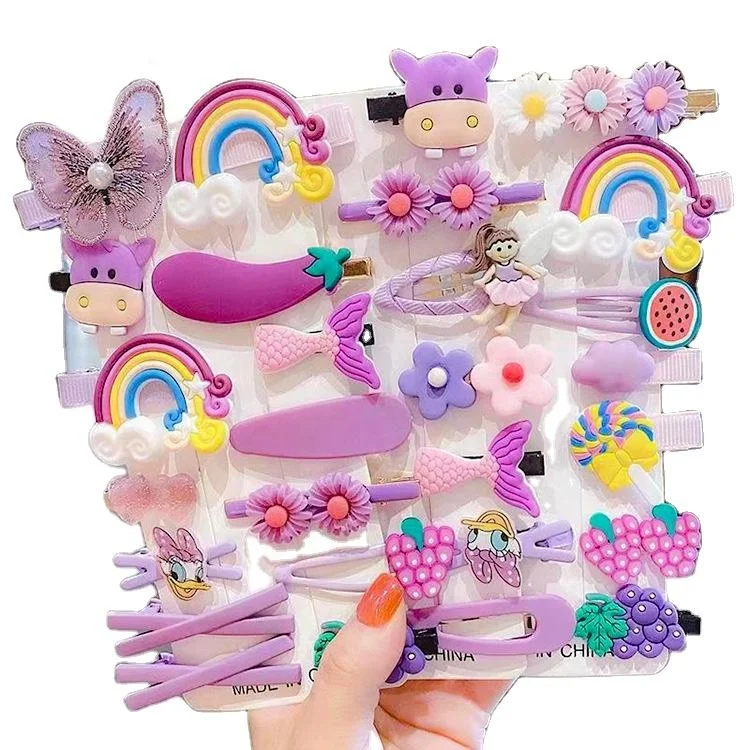 14 Pieces/Set Of Sweet Children Cartoon Hair Clips Rainbow Cloud Lollipop Flower Heart Shaped Hair Clip Set
