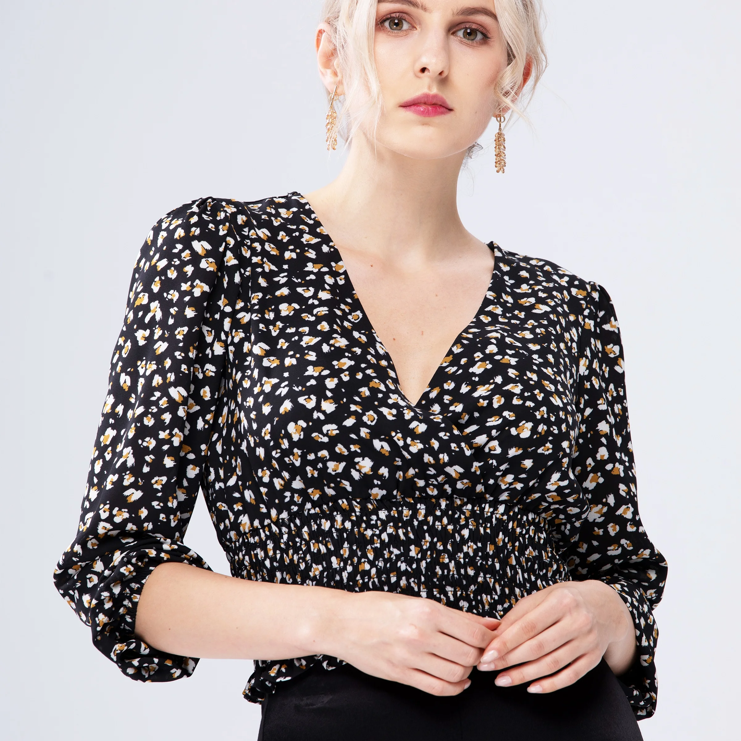 Ladies Spring Black Long Sleeve V Neck Casual Elegant Smocking Womens Cute Shirt Blouses