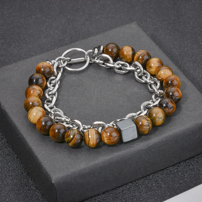 European American 8mm Tiger Eye Stone Double Layer Bracelet for Men Square Black Magnet Beaded Religious Handicraft Jewelry