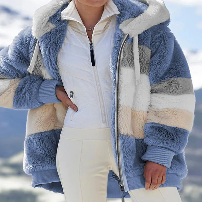 
Female patchwork streetwear coat Warm winter color matching faux wool fleece zipper hooded coat for women 