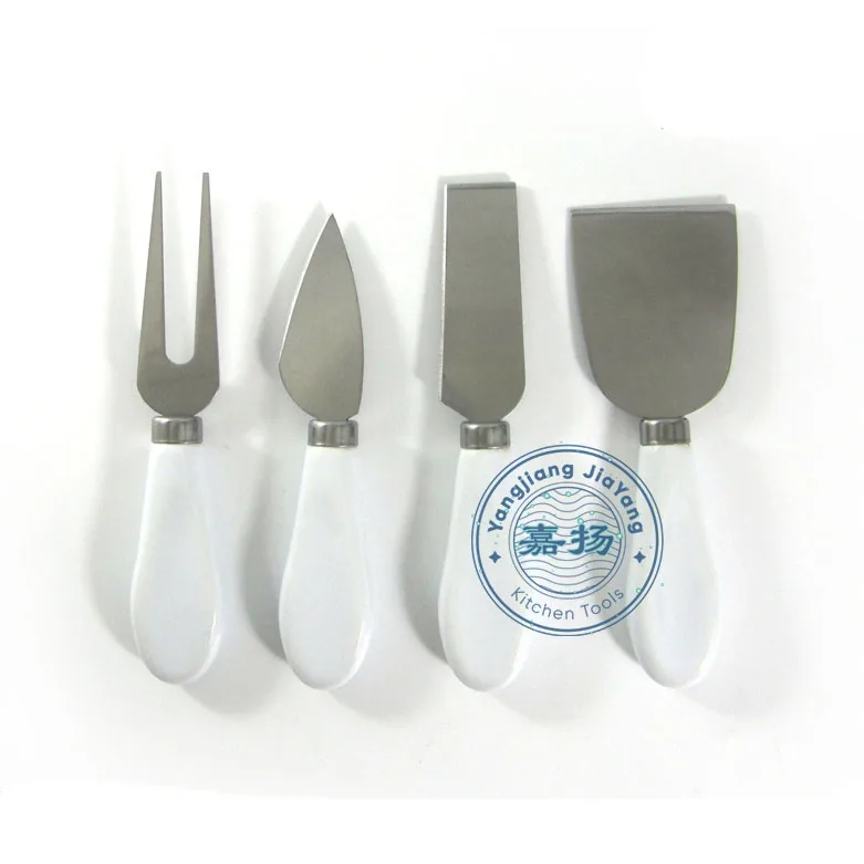 White and Red Colored Ceramic Handle 4pcs Cheese Knives set with Rose Gold Blade Plated