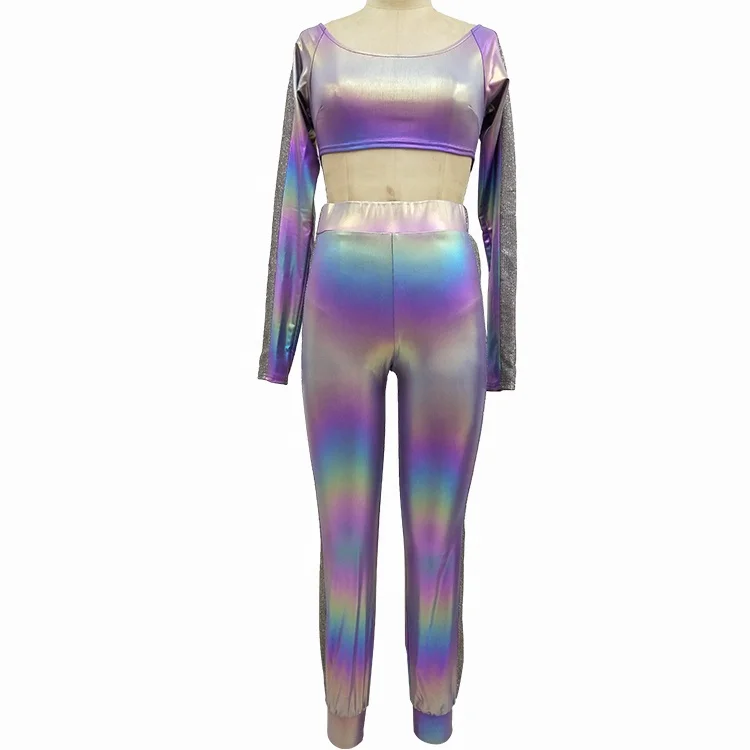 Custom High Elastic Metallic Skinny Pants Long Sleeve Top Women Two Piece Set