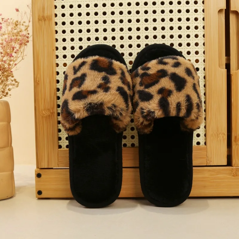 Women home character slippers open toe leopard plush slippers printed pattern winter slippers for ladies girls