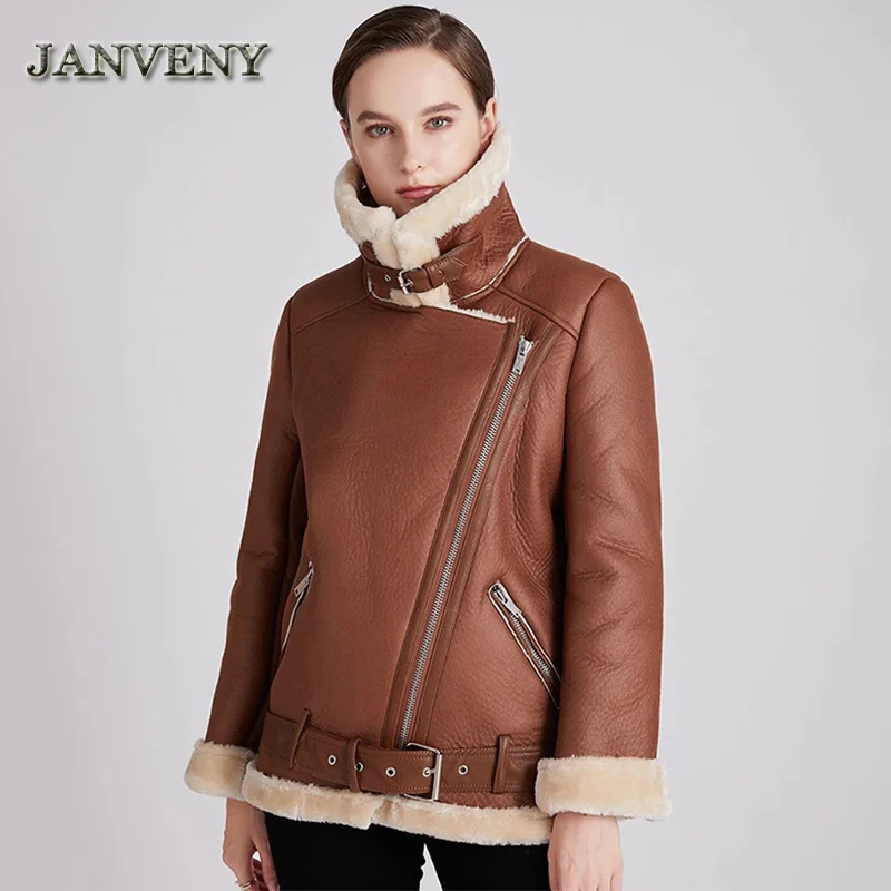 JANVENY 2023 New Fashion Winter Women Pu Leather Jacket Faux Lamb Leather Coat Thick Warmth Windproof Suede Fur Sheepskin Parka