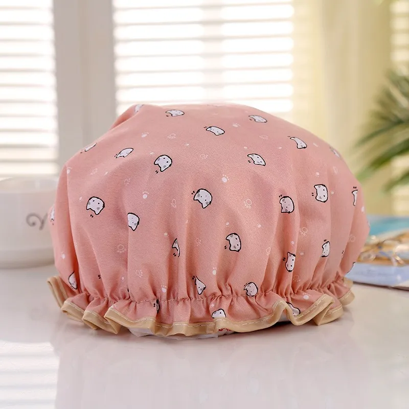 Alibaba Best Seller Custom Bath Caps PEVA Lined With Polyester Cotton Double Layer Waterproof Shower Cap