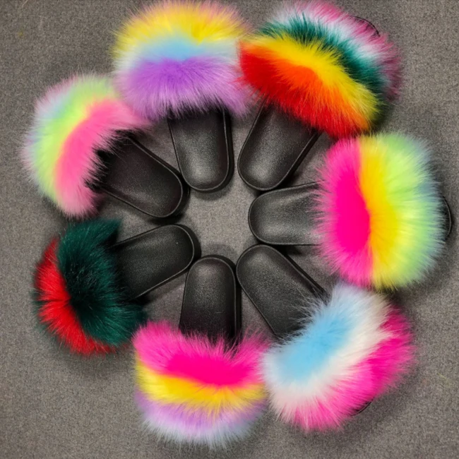 Wholesale 1 pair custom logo fluffy real fox raccoon fur slipper furry fur slides for  girl women
