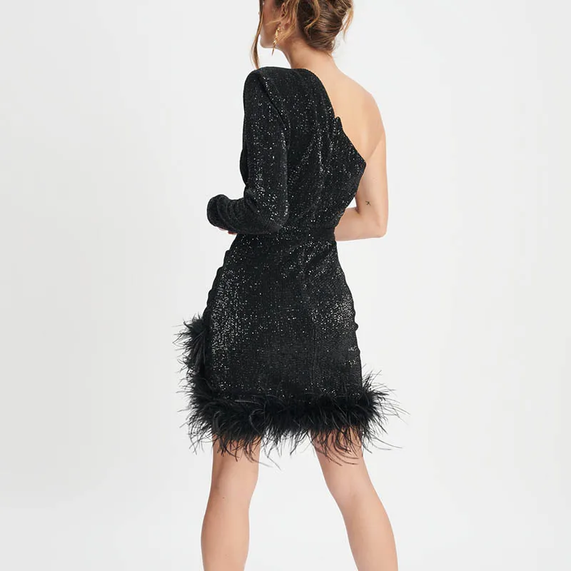 Stunning One-Shoulder Pleated Sequin Midnight Dress Sexy Bodycon Feather Hem Cocktail Mini Dress