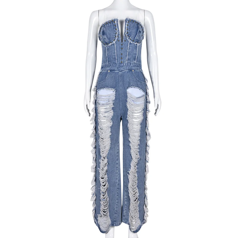 2023 Denim Jumpsuit Women Sleeveless Strapless Jeans Jumpsuits Sexy Hollow Out Hole Tassel Denim Jumpsuit Women