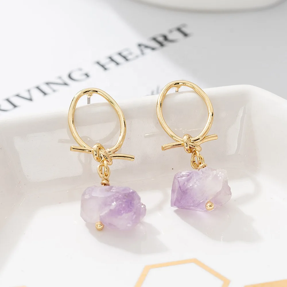 2023 ins jewelry Amethyst quartz rose quartz Raw Hoop Earrings Genuine Rough Gemstone chips Crystal Healing earrings