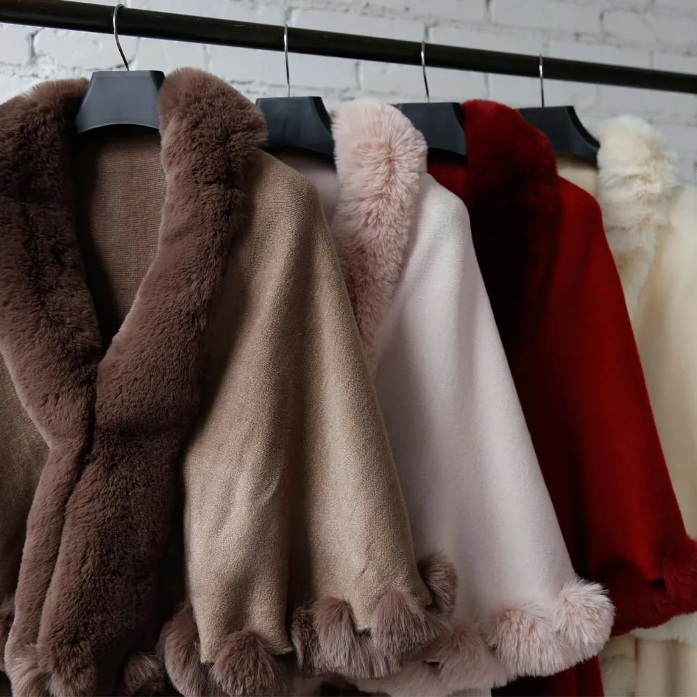 Top Quality Women Winter Wool Blended Cape Shawls With Faux Fur Trim