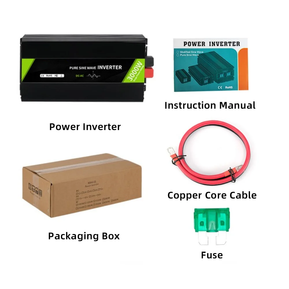 AE 3000W Pure Sine Wave Inverters Converters 12V 24V 48V to 110V 220V Car DC to AC Smart Off-Grid Hybrid Solar Power Inverter