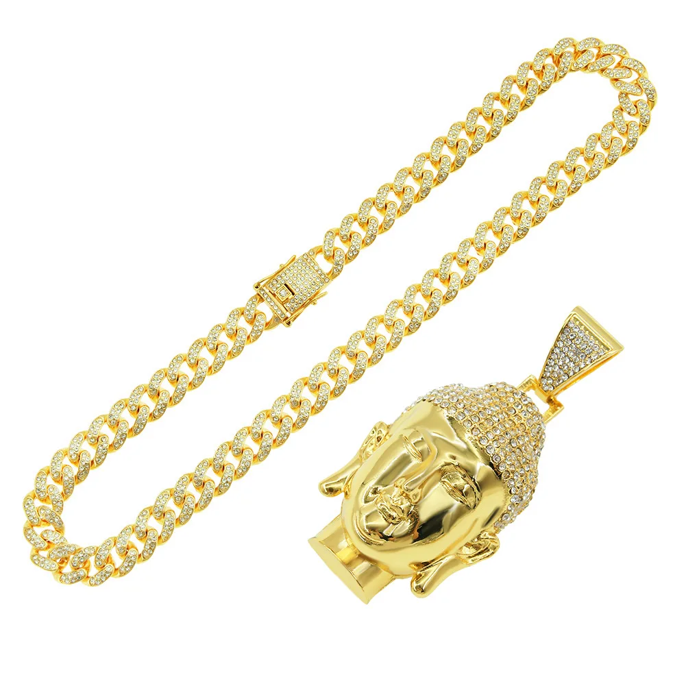 DUYIZHAO Gold Plated Fashion Jewelry Buddha Pendant with Full Rhinestones Cuban Link Chain Hip Hop Jewelry Accessory Gift