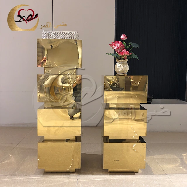 WEdding decor stainless steel cube design flower stand cylinder gold pedestal