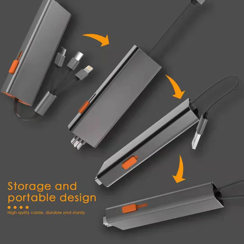 Metal TPE storage and portable cable 3 in1 Usb Charging Cable 2.1A Mirco Type C 8 pin for Android Samsung Huawei Mobile Phone