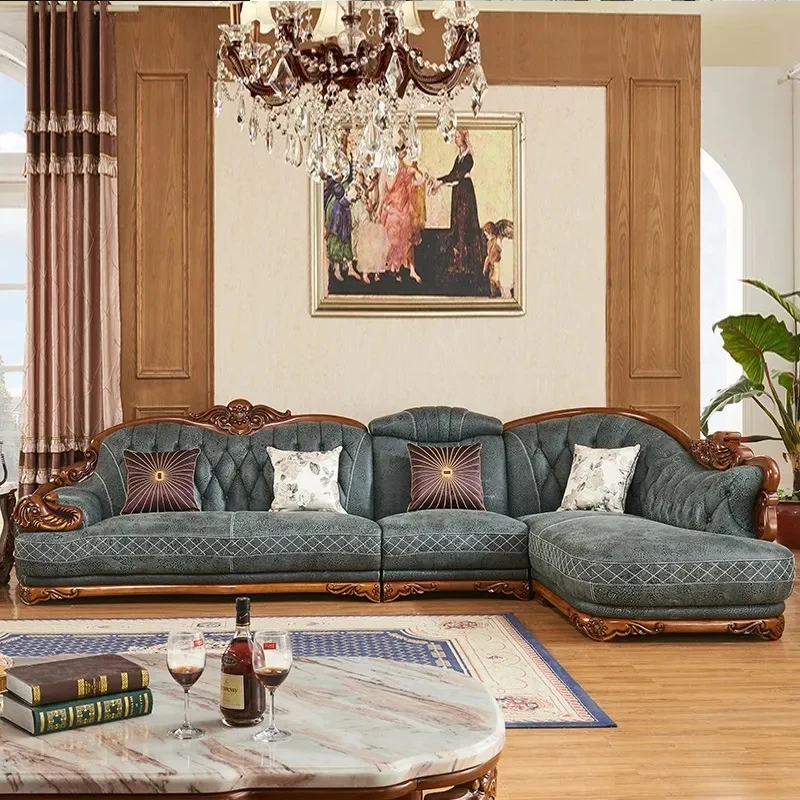 European-style leather sofa combination solid wood carving apartment living room corner luxury American sofa furniture complete