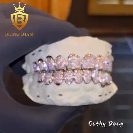 Hip Hop Jewelry Sparkle Men Fashion D VVS moissanite Grillz iced out 925 Sterling Silver Teeth Grillz  8 top 8 bottom Buss Down
