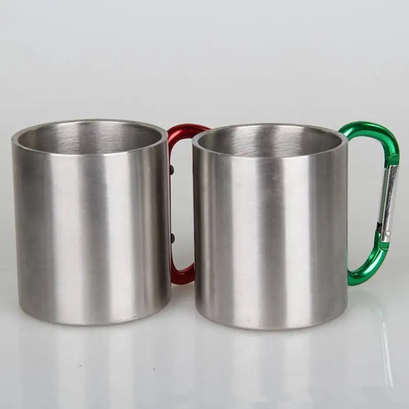 220ml outdoor camping travel portable stainless steel coffee cup double walled carabiner mug with handle