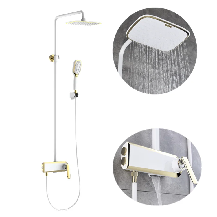 High Quality Sanitary Ware Wall Mounted White Gold Brass Bathroom Rain Shower Mixer Waterfall Shower Faucet Sets