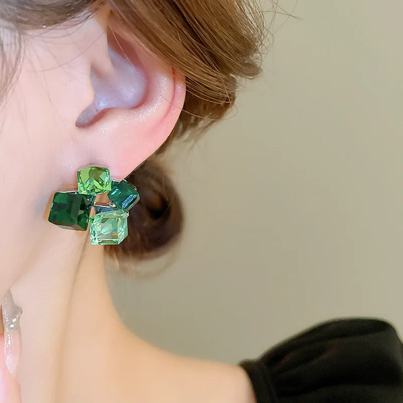 Square green crystal stitching earrings Sen high style all-in-one earrings
