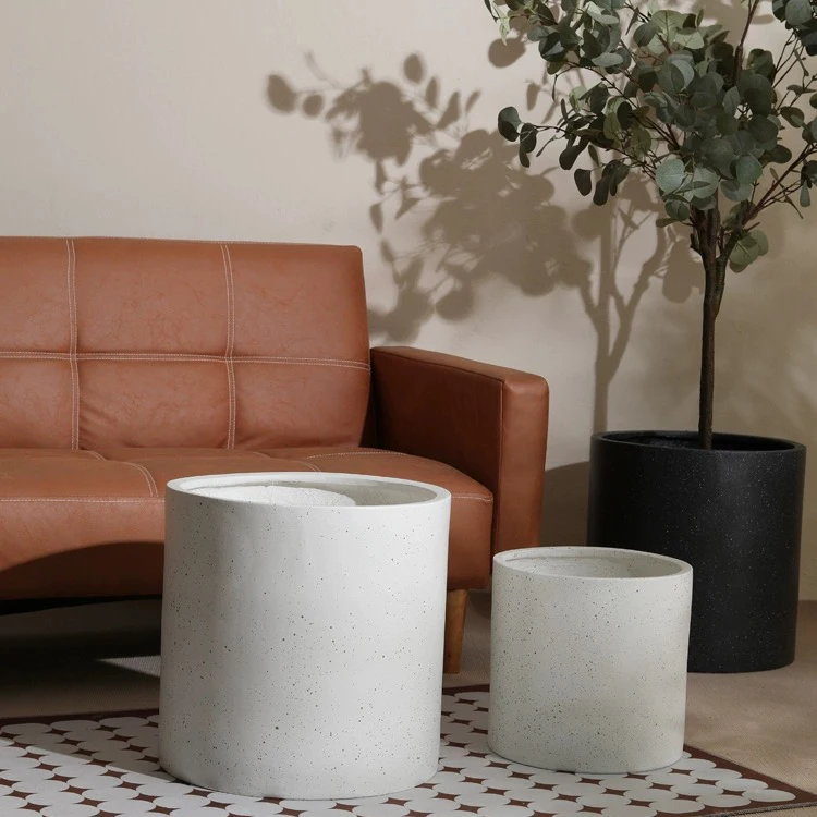 High quality floor decoration cylinder fiber clay pot garden pots outdoor planters flower pot