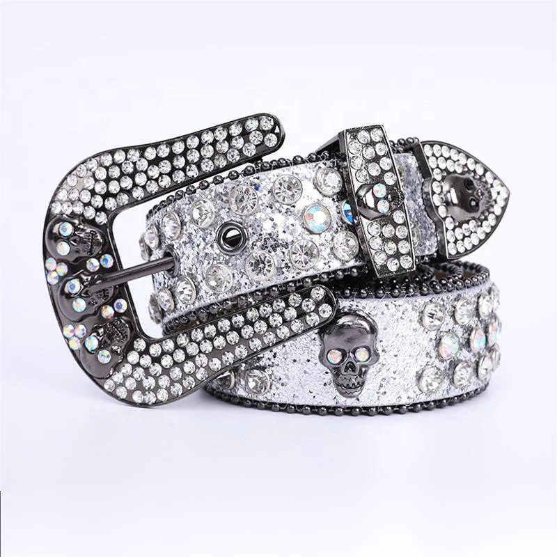 Customized Western Bling Bling Skull Heads  Rhinestone Belt Men Women Cowboy Crystal Leather BB Simon Belt Diamond belt