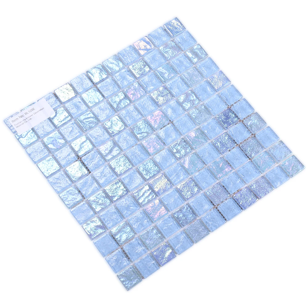 Swimming pool hotel bathroom mosaic tile Foshan square crystal iridescent light blue glass mosaic