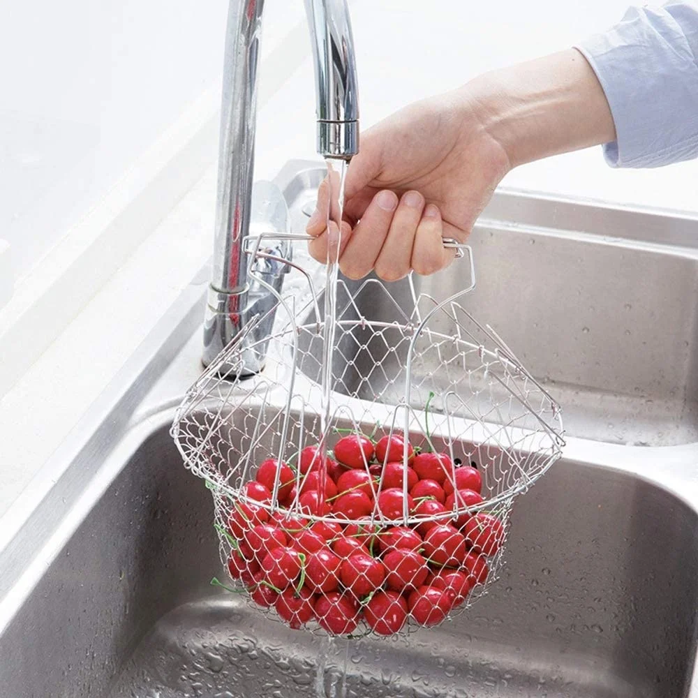 New telescopic kitchen multi-function poaching boiling deep fry basket stainless steel foldable strainer basket colander