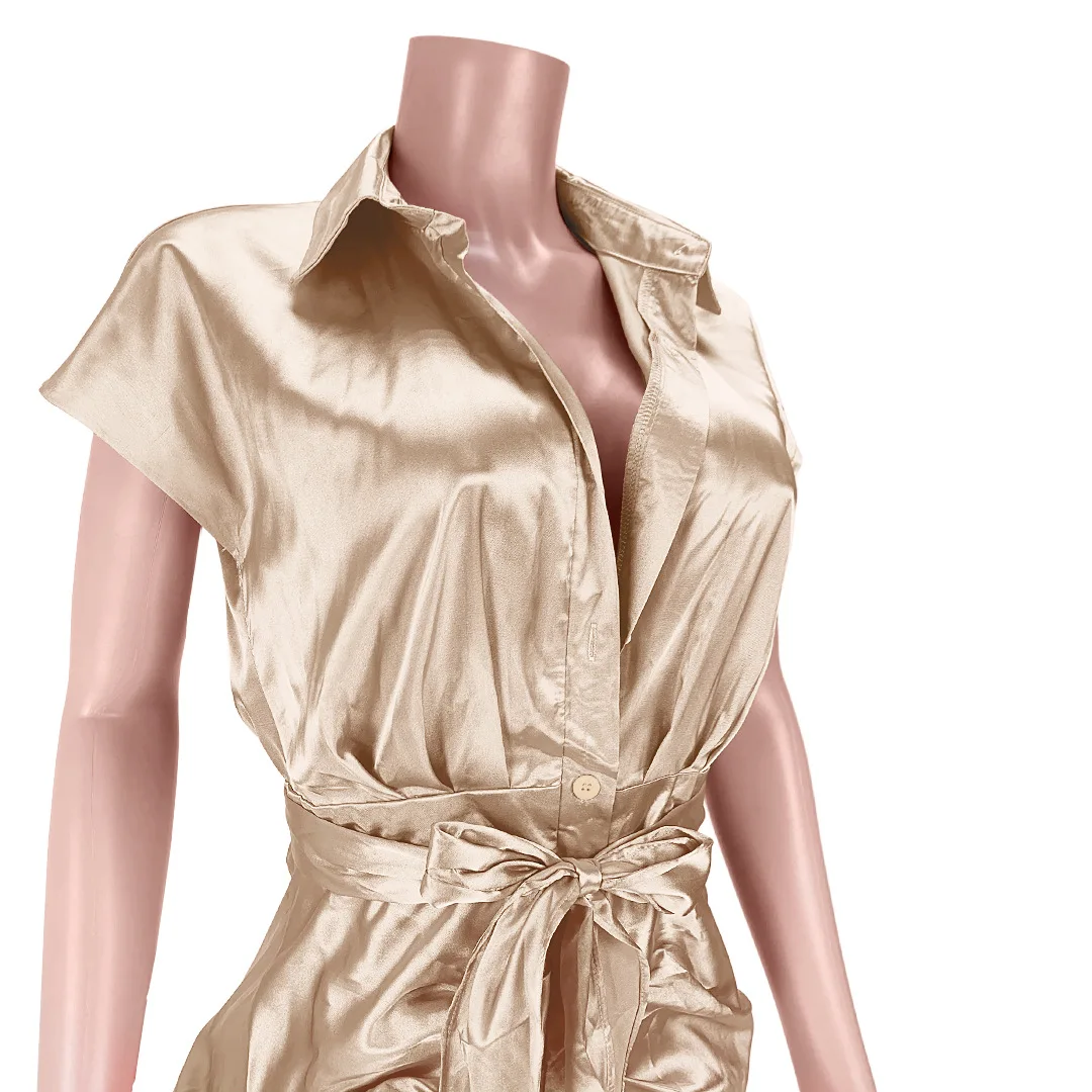 BH385  women Sexy Reflective silk pleated and strapping shirt dress
