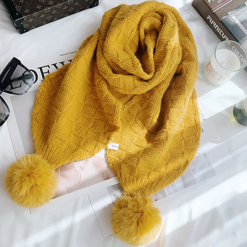 Wholesale new style wool ball thick warm knitted bib pure color cashmere scarf for women