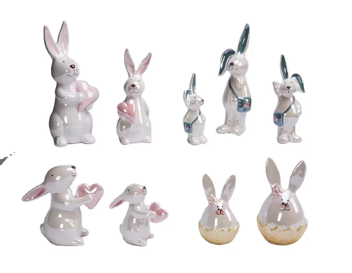 Pearl glazed Ceramic Rabbit Statue Figurines For Home Office Decor White Set