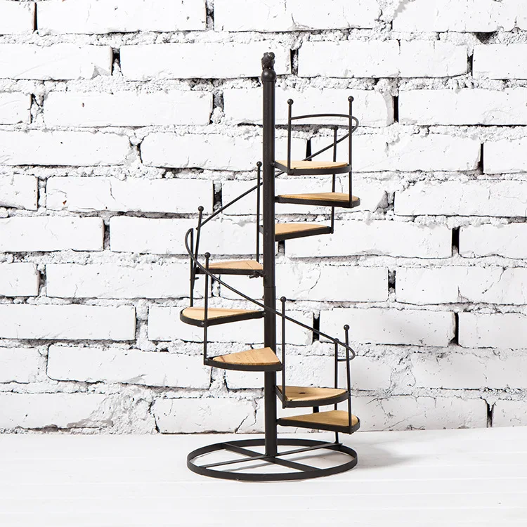 European style wrought iron flower stand solid wood shelf rotating multi-layer ladder balcony living room staircase flower pot