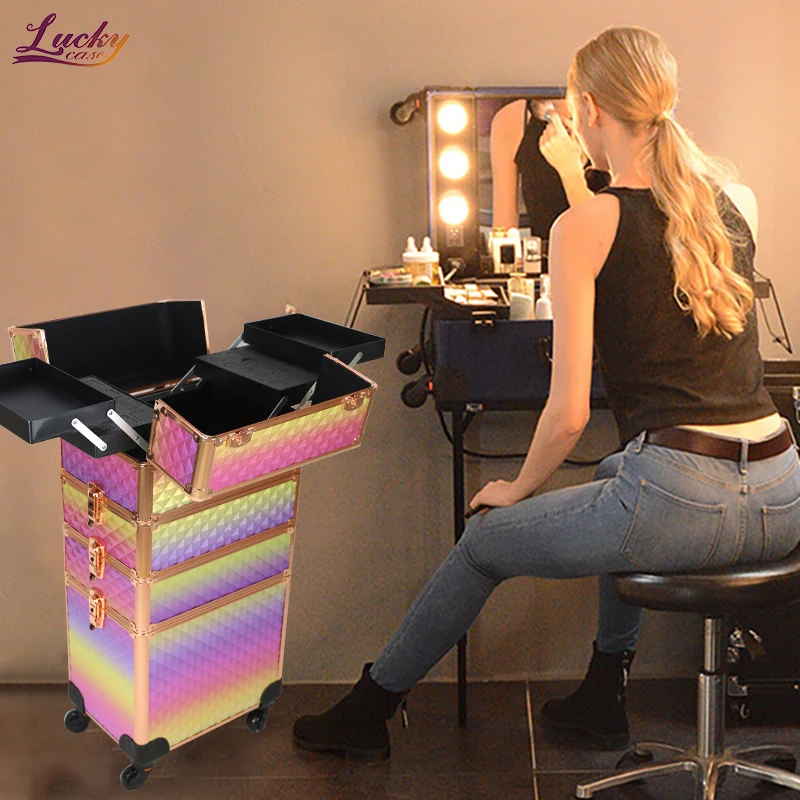 Rolling Makeup Case 4 in 1 Professional Cosmetic Trolley Large Storage Salon Barber Case Traveling Cart Trunk for Makeup Artist